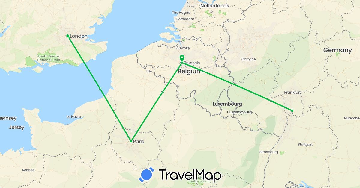 TravelMap itinerary: driving, bus in Belgium, Germany, France, United Kingdom, Netherlands (Europe)